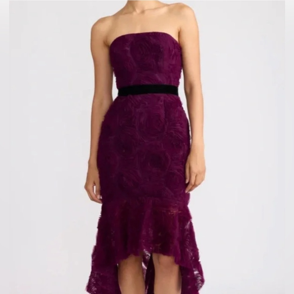 Zac Posen Strapless Plum Lace High-Low Dress with Black Waistband